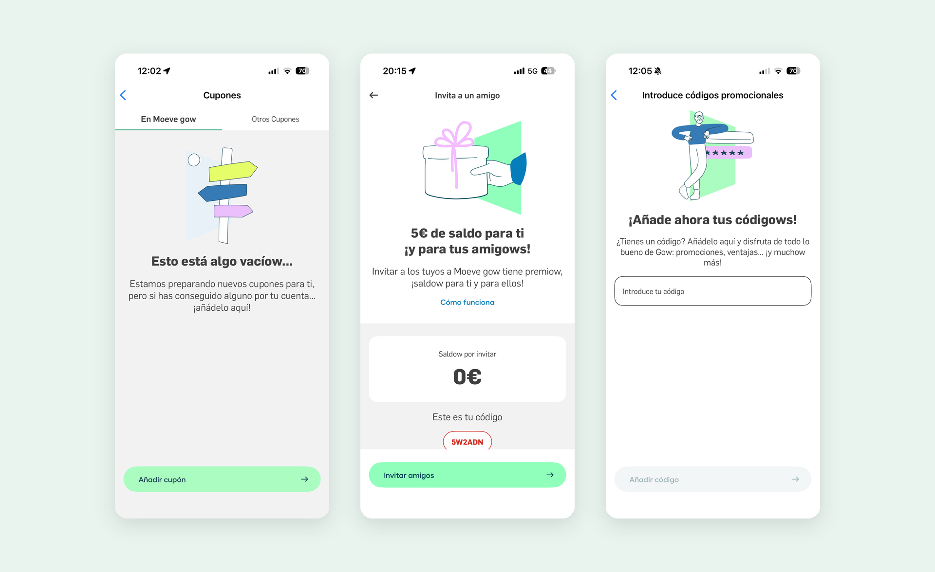 Sección de cupones y beneficios: hub de beneficios, códigos promocionales, suscripciones y saldo regalo