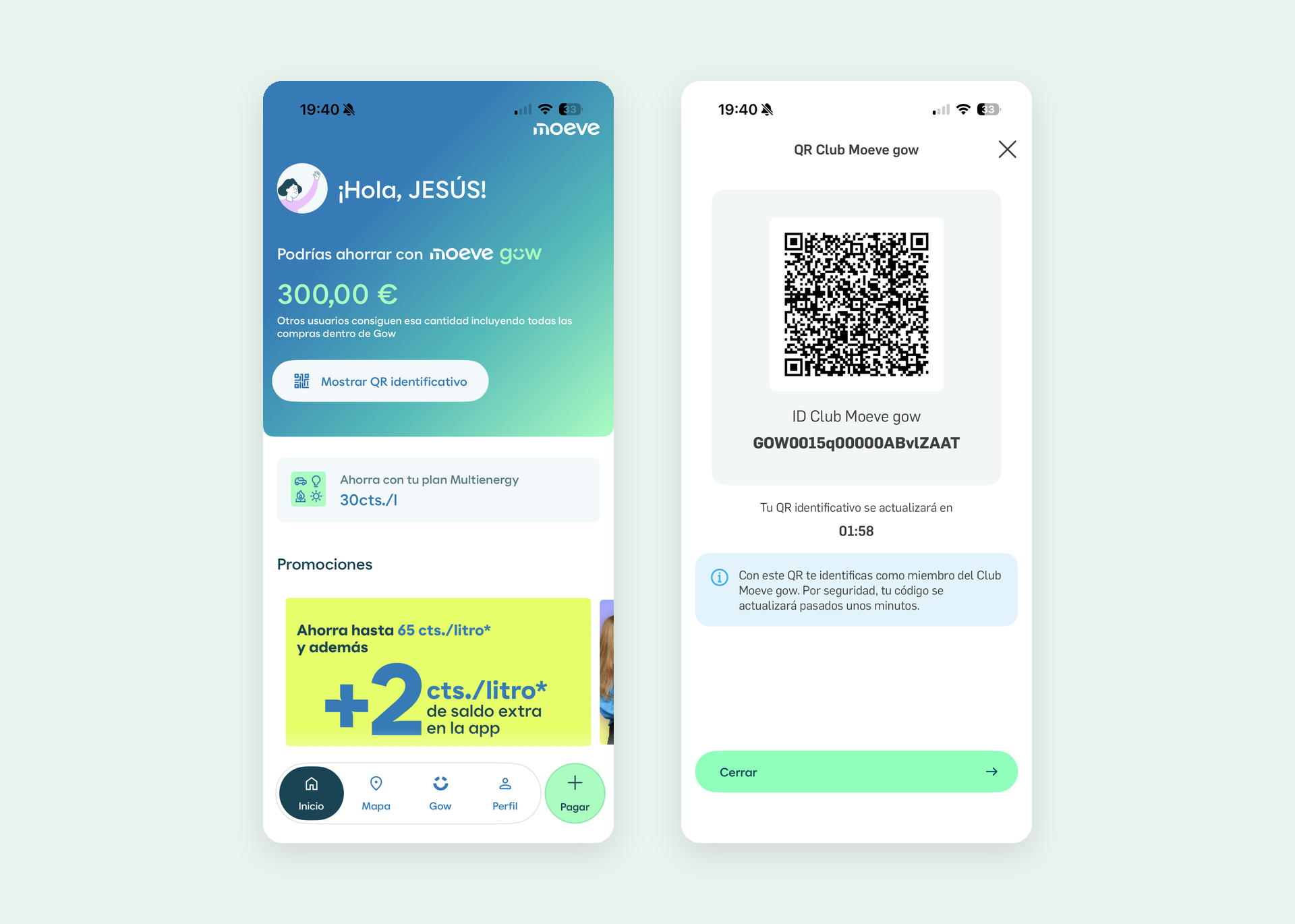Flujo de pago en caja: home con saldo, QR Club Moeve y desglose del ahorro